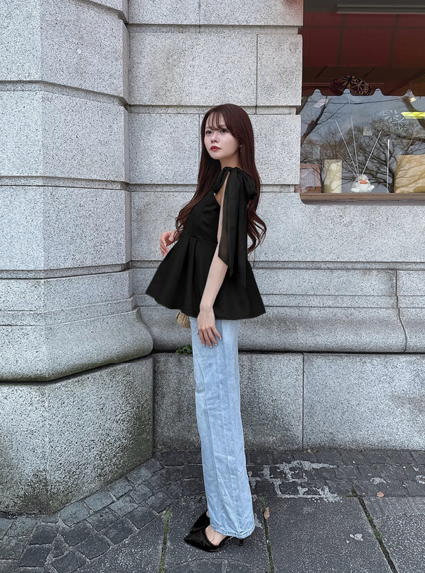 オーガンジーリボンショルダーペプラムビスチェ