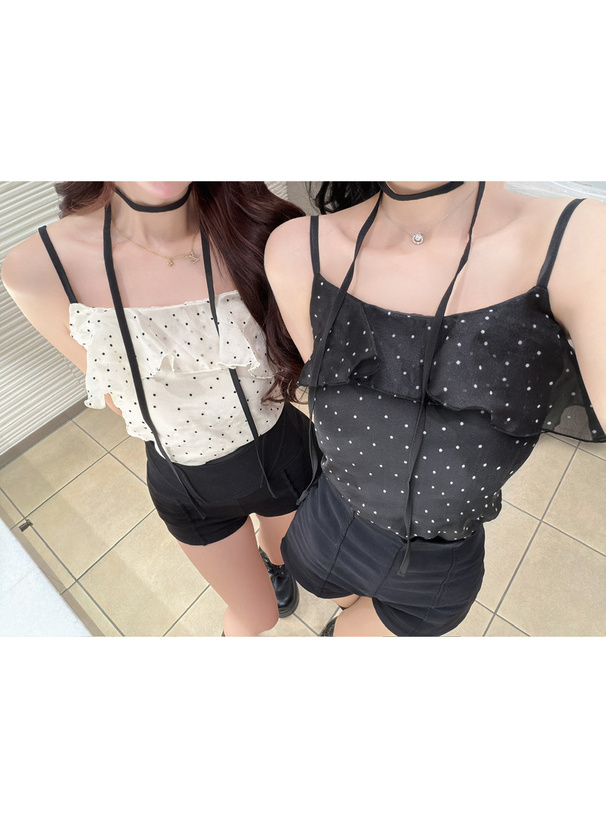 三上悠亜 タイ付きドット柄フリルキャミソール