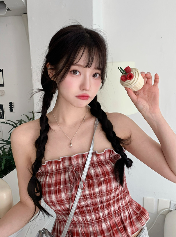 ILLIT アイリット BEB チェック柄リボンフリルベアトップ