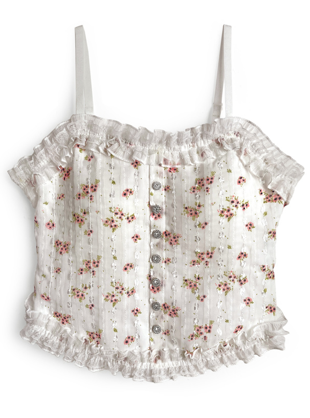 カップ付き小花柄レースフリルキャミソール