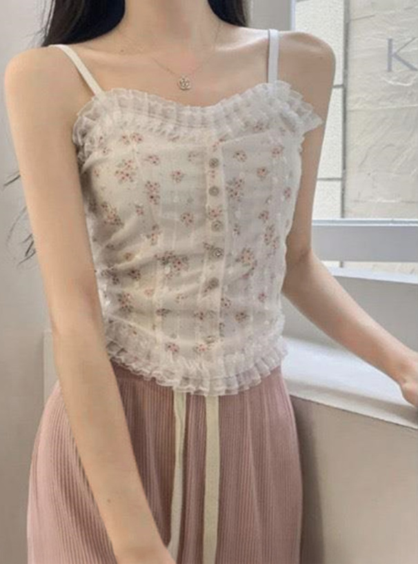 ILLIT アイリット BEB カップ付き小花柄レースフリルキャミソール