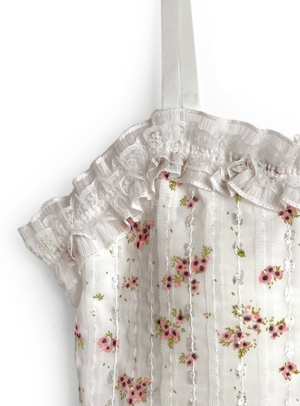 カップ付き小花柄レースフリルキャミソール