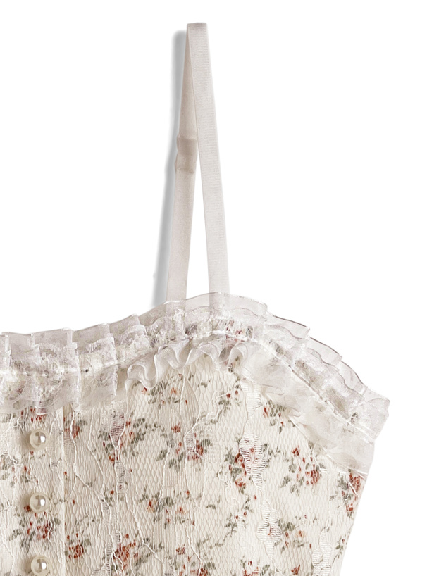 カップ付き花柄レースパールボタンキャミソールトップス