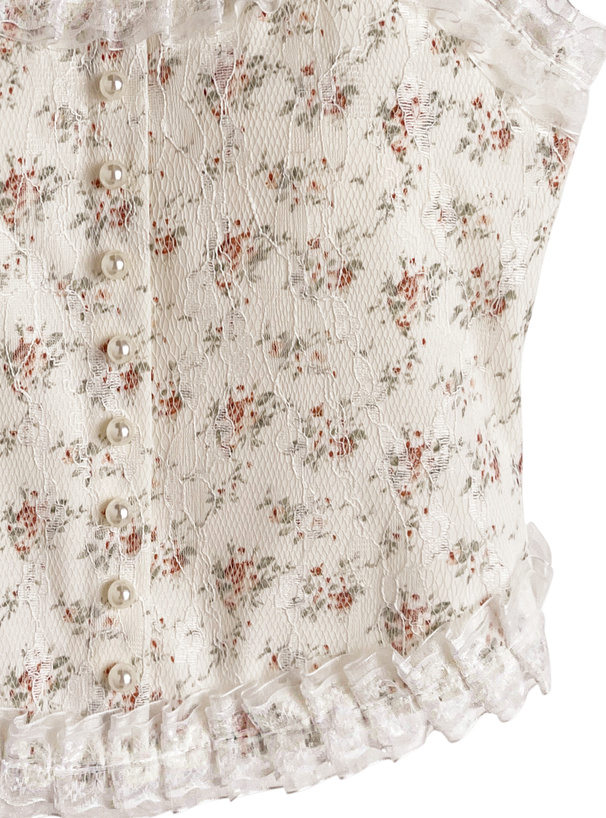 カップ付き花柄レースパールボタンキャミソールトップス