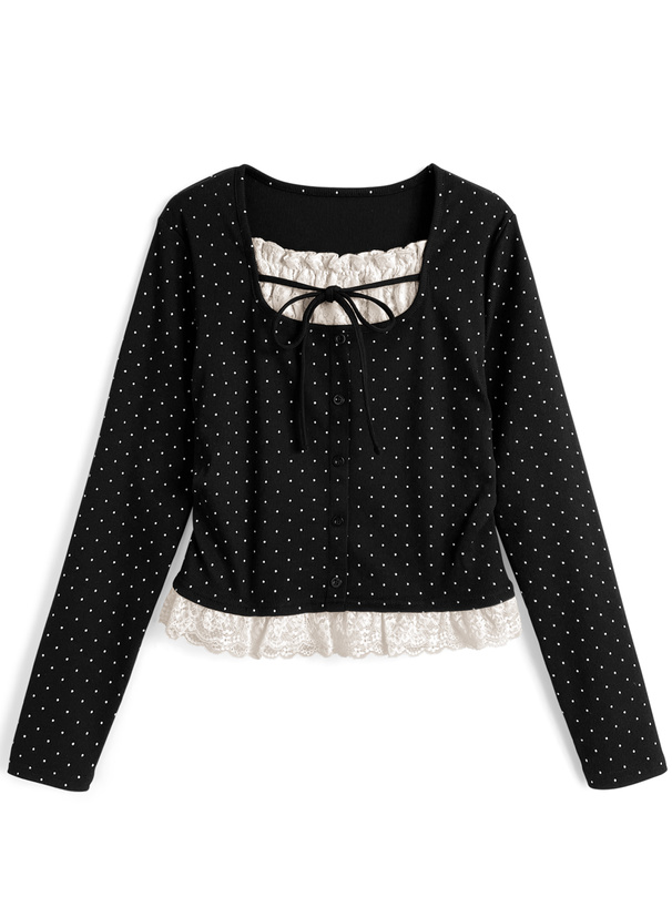 ドット柄レースレイヤード風リボントップス