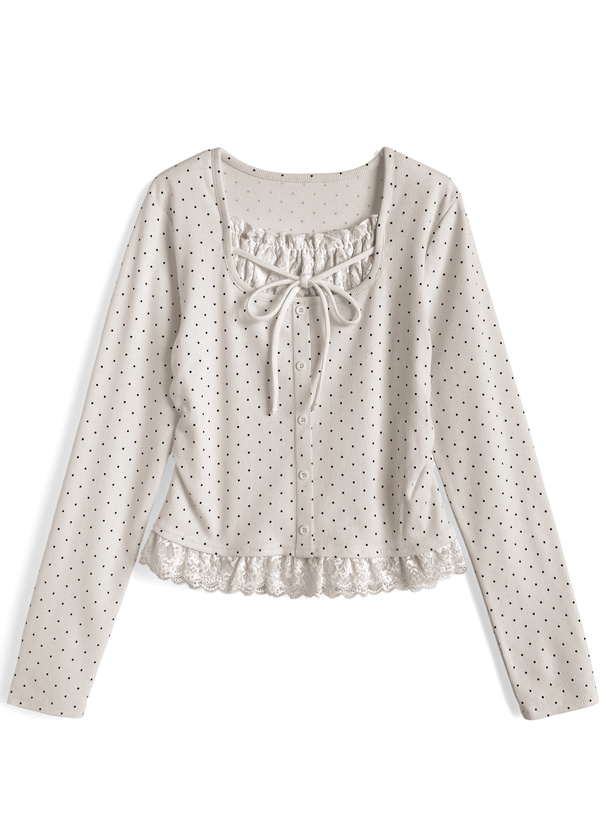 ドット柄レースレイヤード風リボントップス