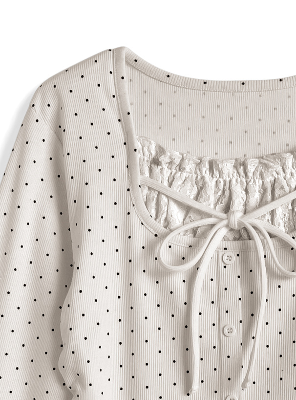 ドット柄レースレイヤード風リボントップス