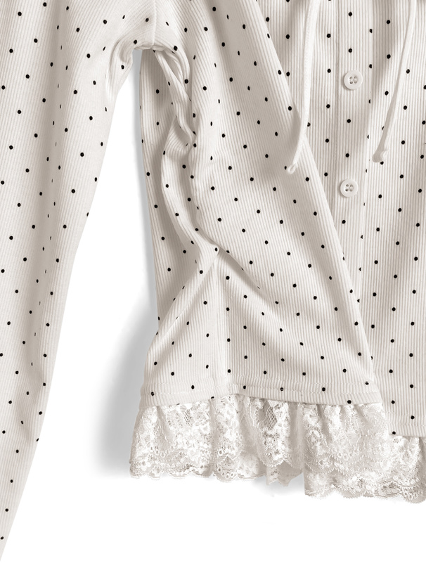 ドット柄レースレイヤード風リボントップス