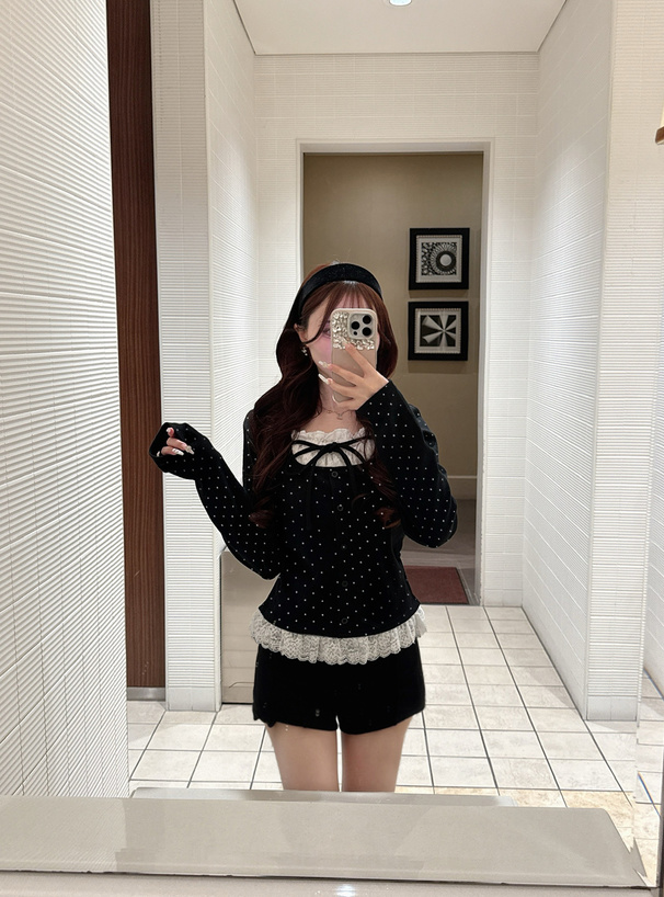 ドット柄レースレイヤード風リボントップス