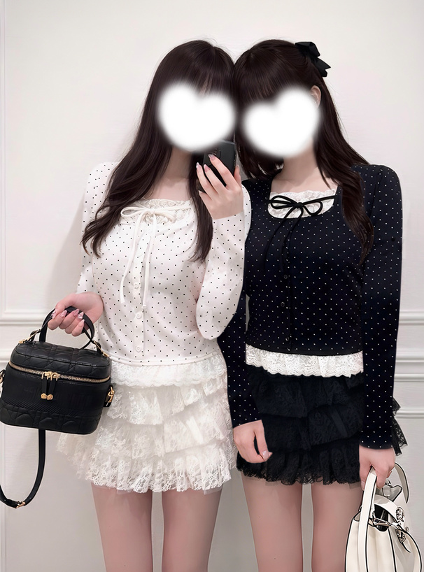 ドット柄レースレイヤード風リボントップス