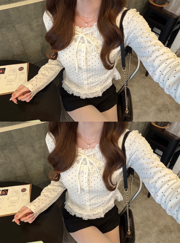 ドット柄レースレイヤード風リボントップス