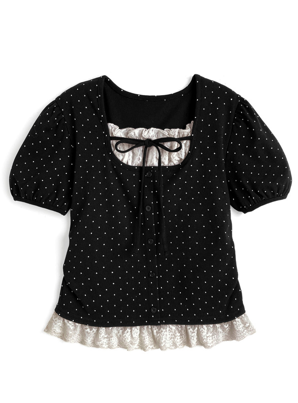ドット柄レースレイヤード風リボントップス