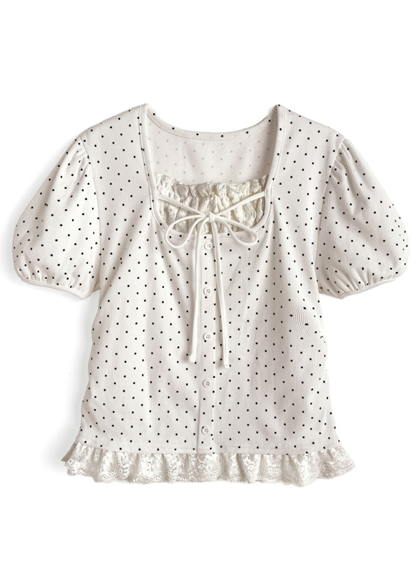 ドット柄レースレイヤード風リボントップス