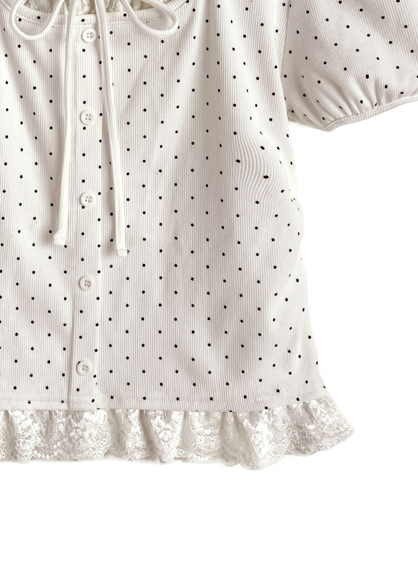 ドット柄レースレイヤード風リボントップス