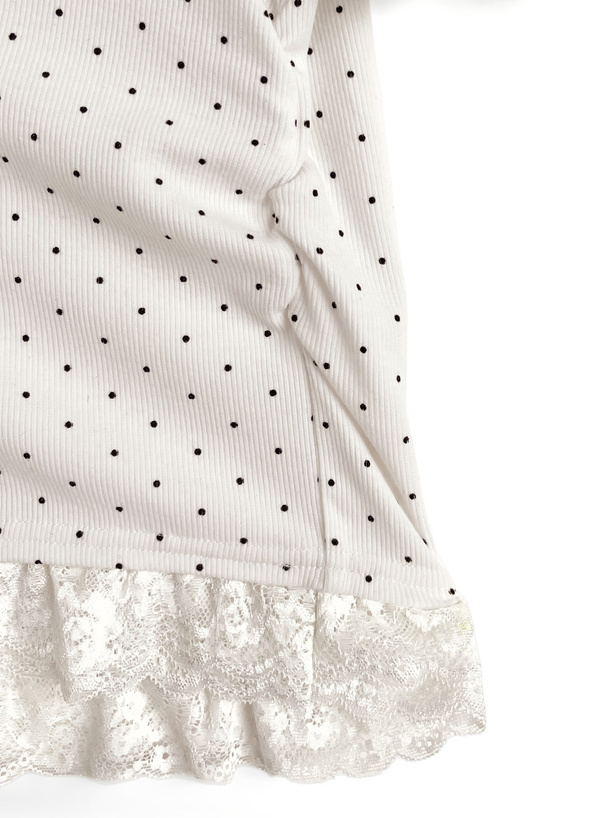 ドット柄レースレイヤード風リボントップス