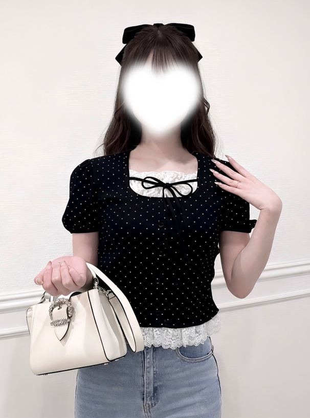 ドット柄レースレイヤード風リボントップス