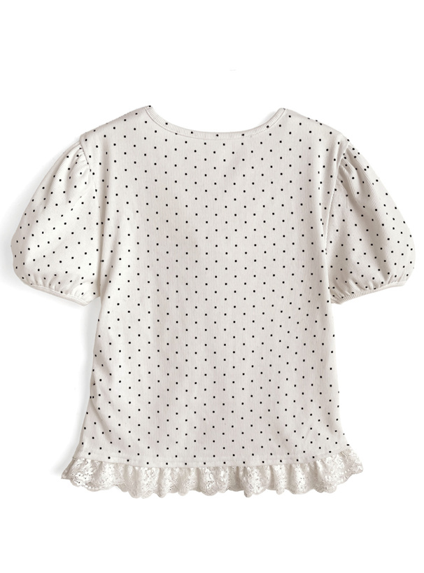 ドット柄レースレイヤード風リボントップス