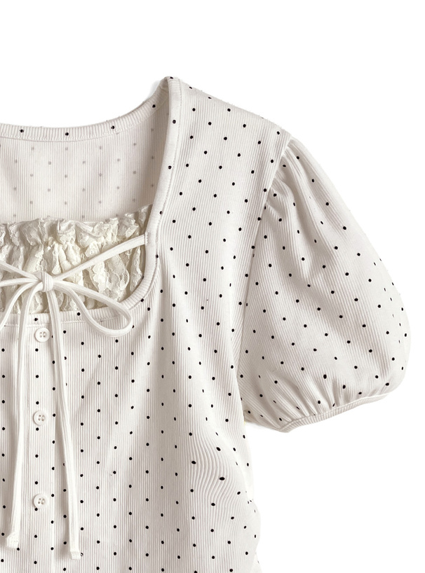 ドット柄レースレイヤード風リボントップス
