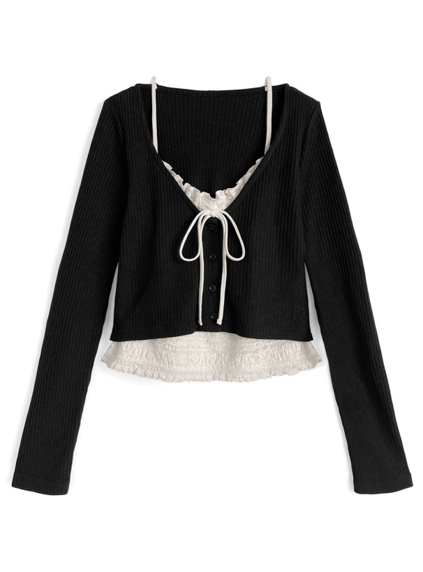 レースレイヤード風リボンVネックトップス[pm874]