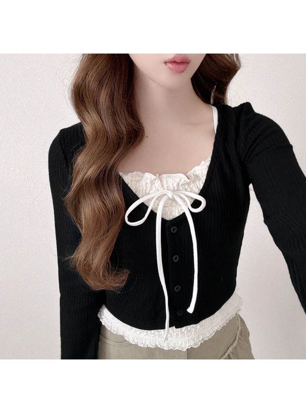 レースレイヤード風リボンVネックトップス