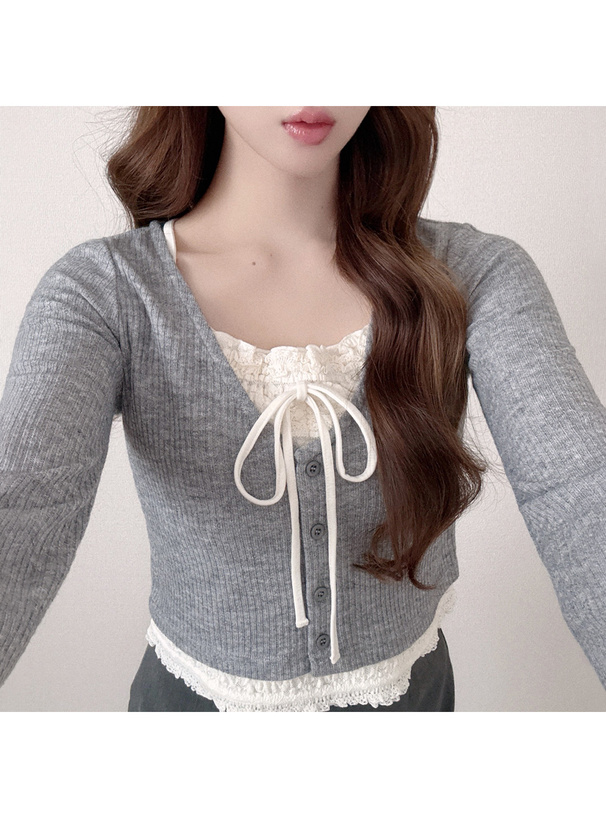 レースレイヤード風リボンVネックトップス