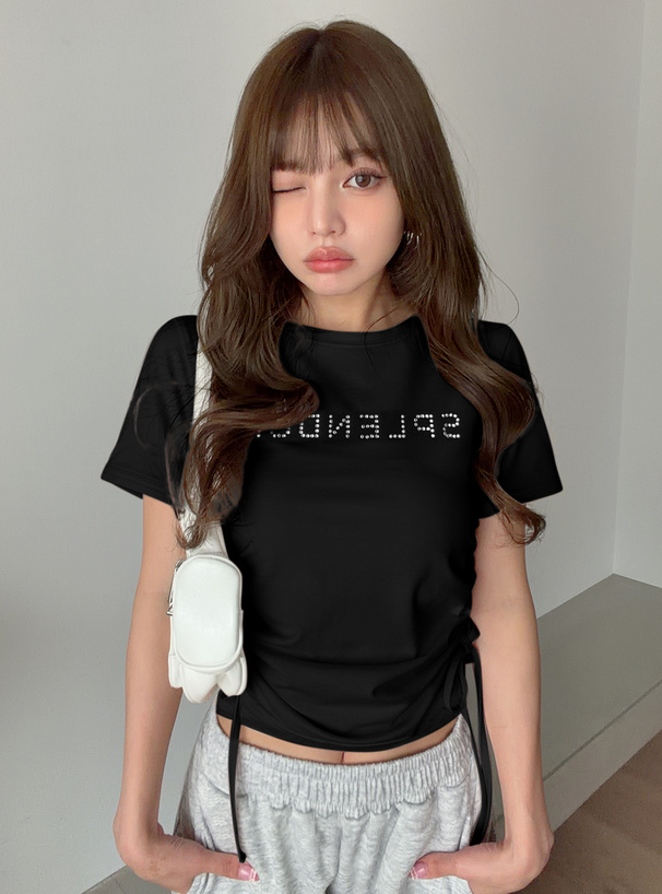 ラインストーンロゴサイドドロストTシャツ