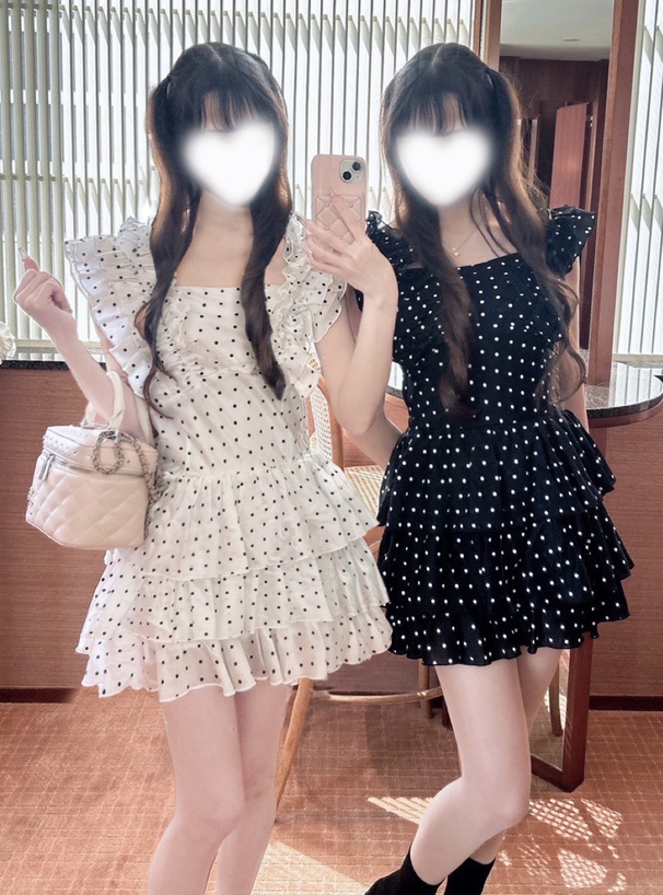 2Wayドット柄ギャザーフリルティアードミニワンピース