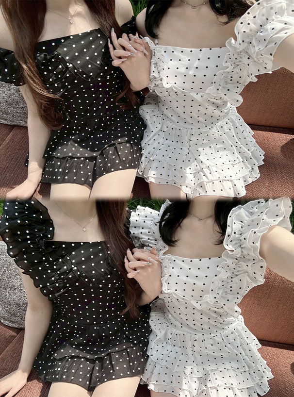 2Wayドット柄ギャザーフリルティアードミニワンピース