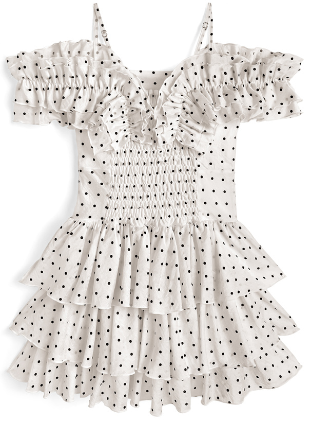 2Wayドット柄ギャザーフリルティアードミニワンピース