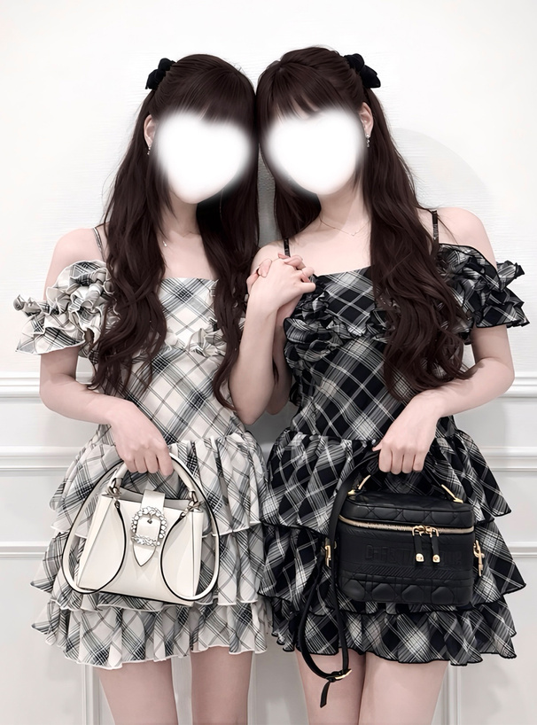 2Wayチェック柄フリルティアードミニワンピース