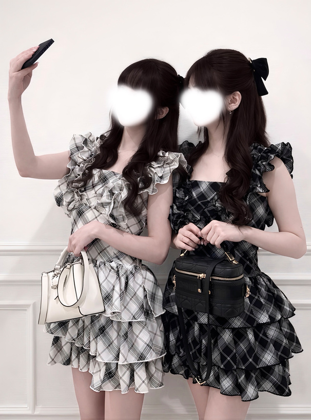2Wayチェック柄フリルティアードミニワンピース