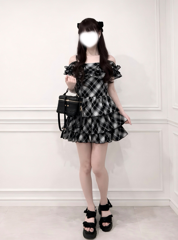 2Wayチェック柄フリルティアードミニワンピース