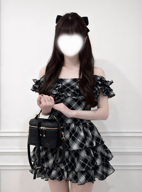 2Wayチェック柄フリルティアードミニワンピース