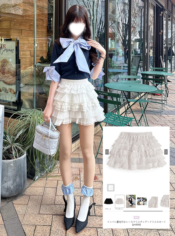 インパン裏地付きレースフリルティアードミニスカート