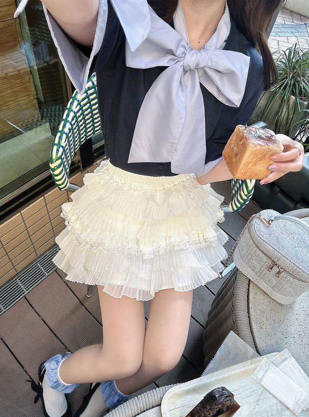 インパン裏地付きレースフリルティアードミニスカート