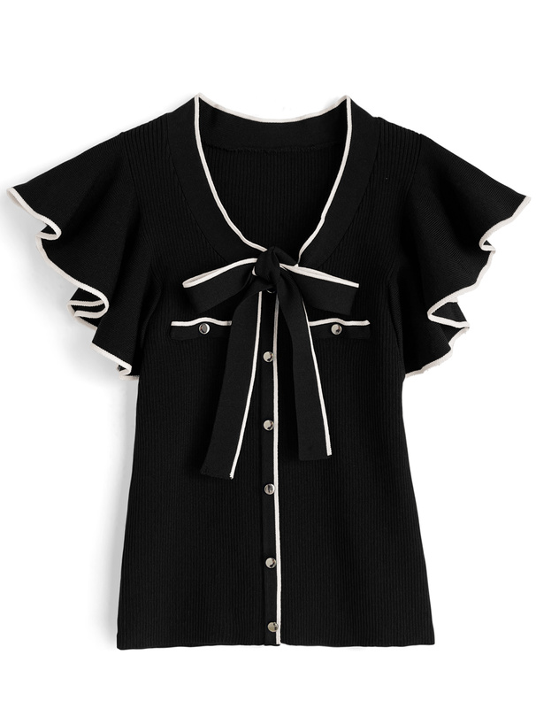 配色ボウタイフリルノースリーブニットトップス