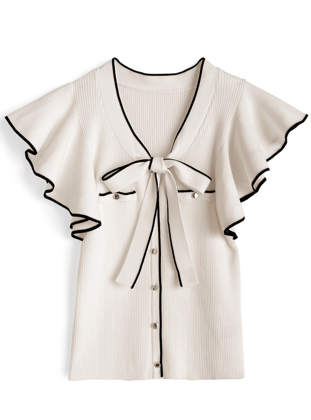 配色ボウタイフリルノースリーブニットトップス