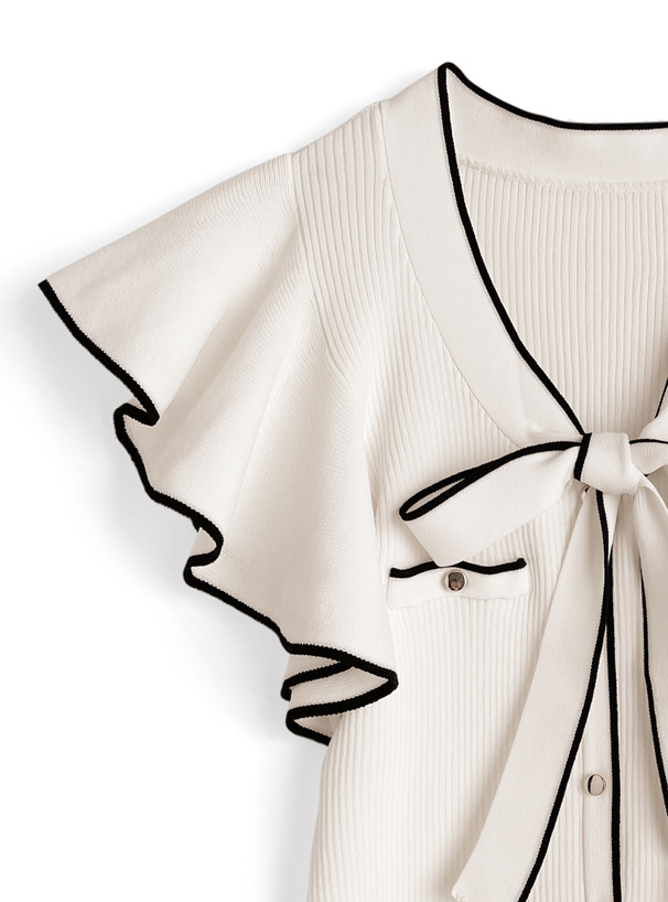 配色ボウタイフリルノースリーブニットトップス