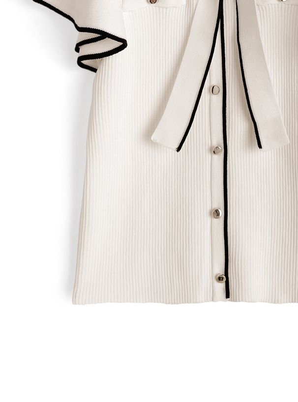 配色ボウタイフリルノースリーブニットトップス