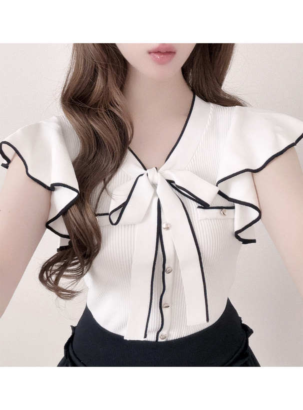 配色ボウタイフリルノースリーブニットトップス