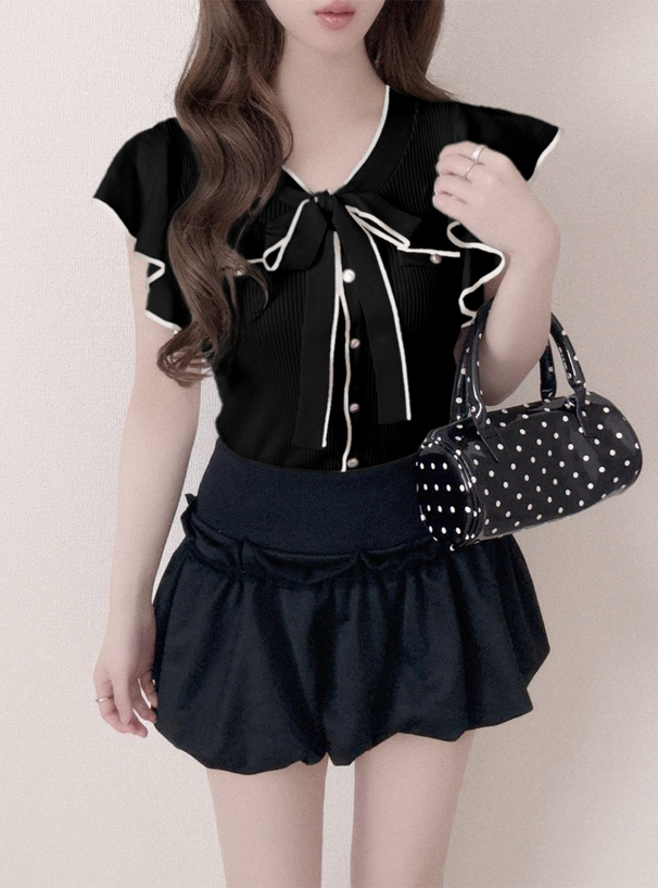 配色ボウタイフリルノースリーブニットトップス