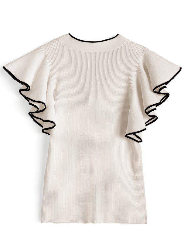 配色ボウタイフリルノースリーブニットトップス