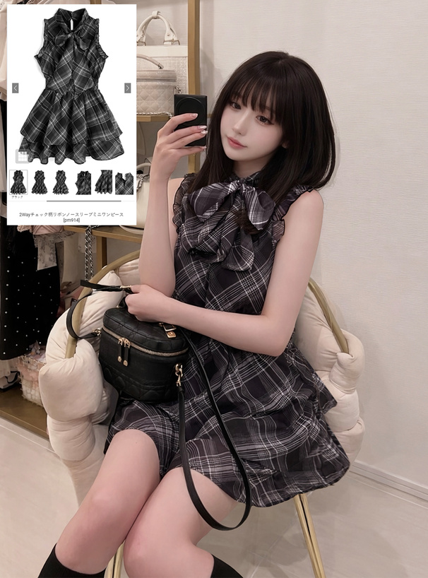 2Wayチェック柄リボンノースリーブミニワンピース