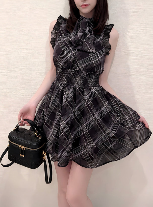 2Wayチェック柄リボンノースリーブミニワンピース