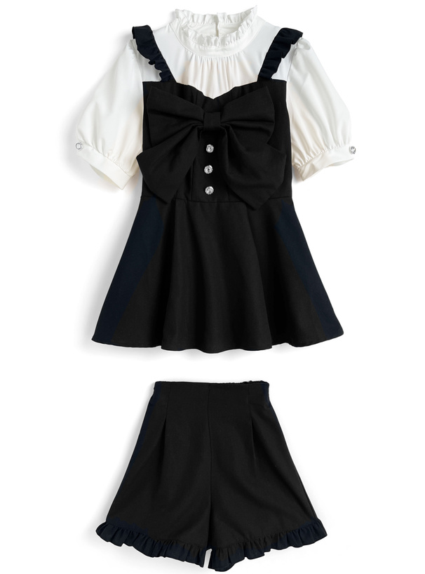 ビッグリボンフレアワンピース×ショートパンツセットアップ