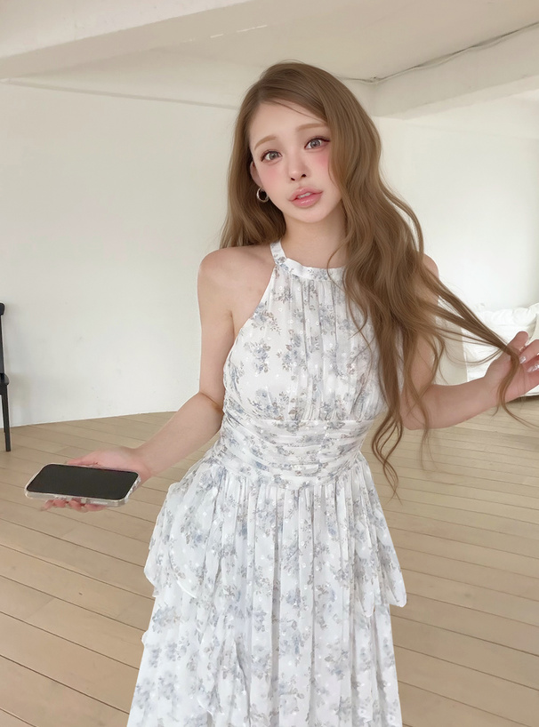 花柄ドビードットアメスリフリルロングワンピース