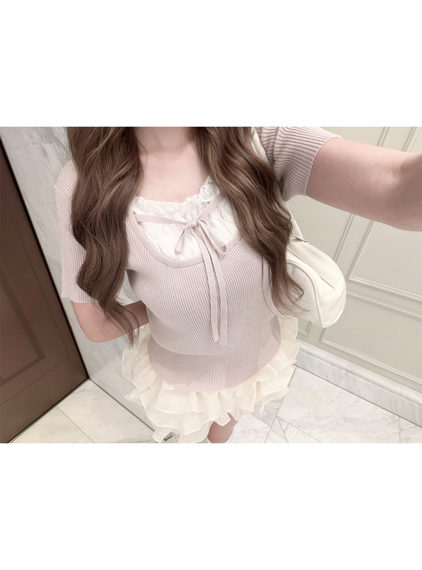 レースフリルレイヤード風リボンニットトップス