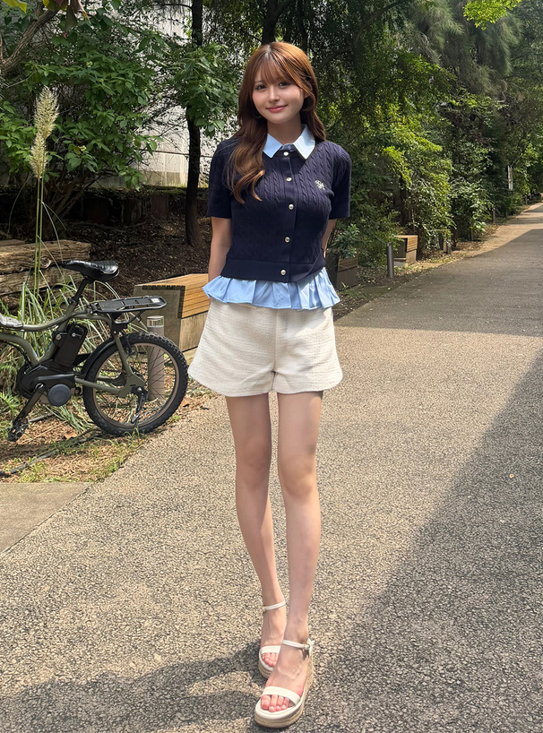 シャツレイヤード風ケーブル編みニットトップス
