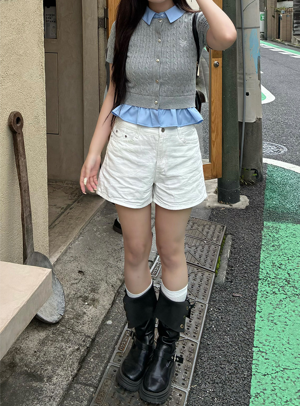 シャツレイヤード風ケーブル編みニットトップス