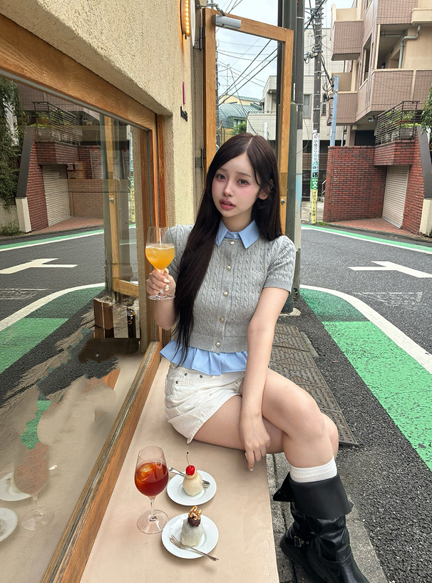 シャツレイヤード風ケーブル編みニットトップス